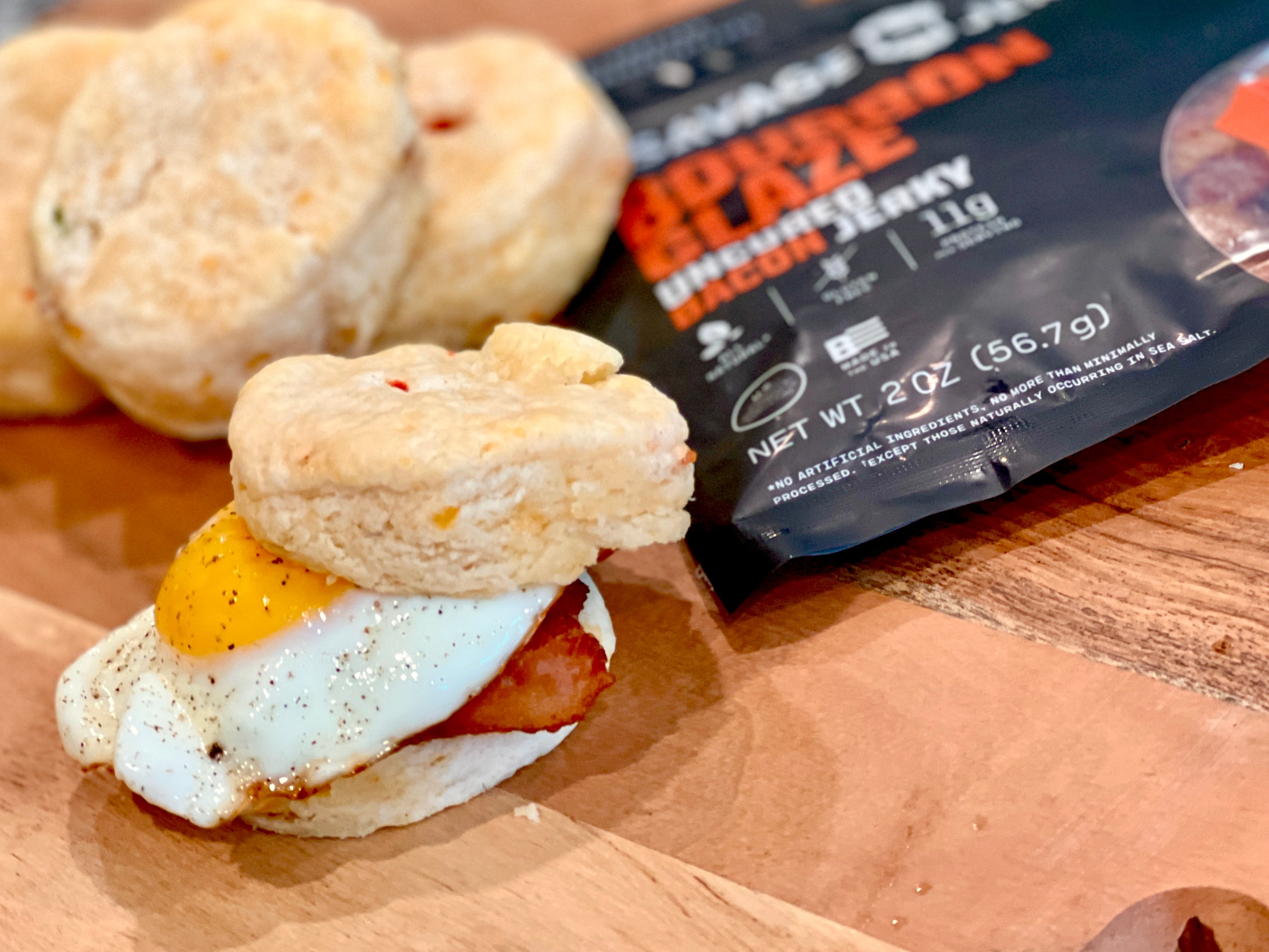 Bourbon Glaze Savage Bacon Jerky & Pimento Cheese Biscuits